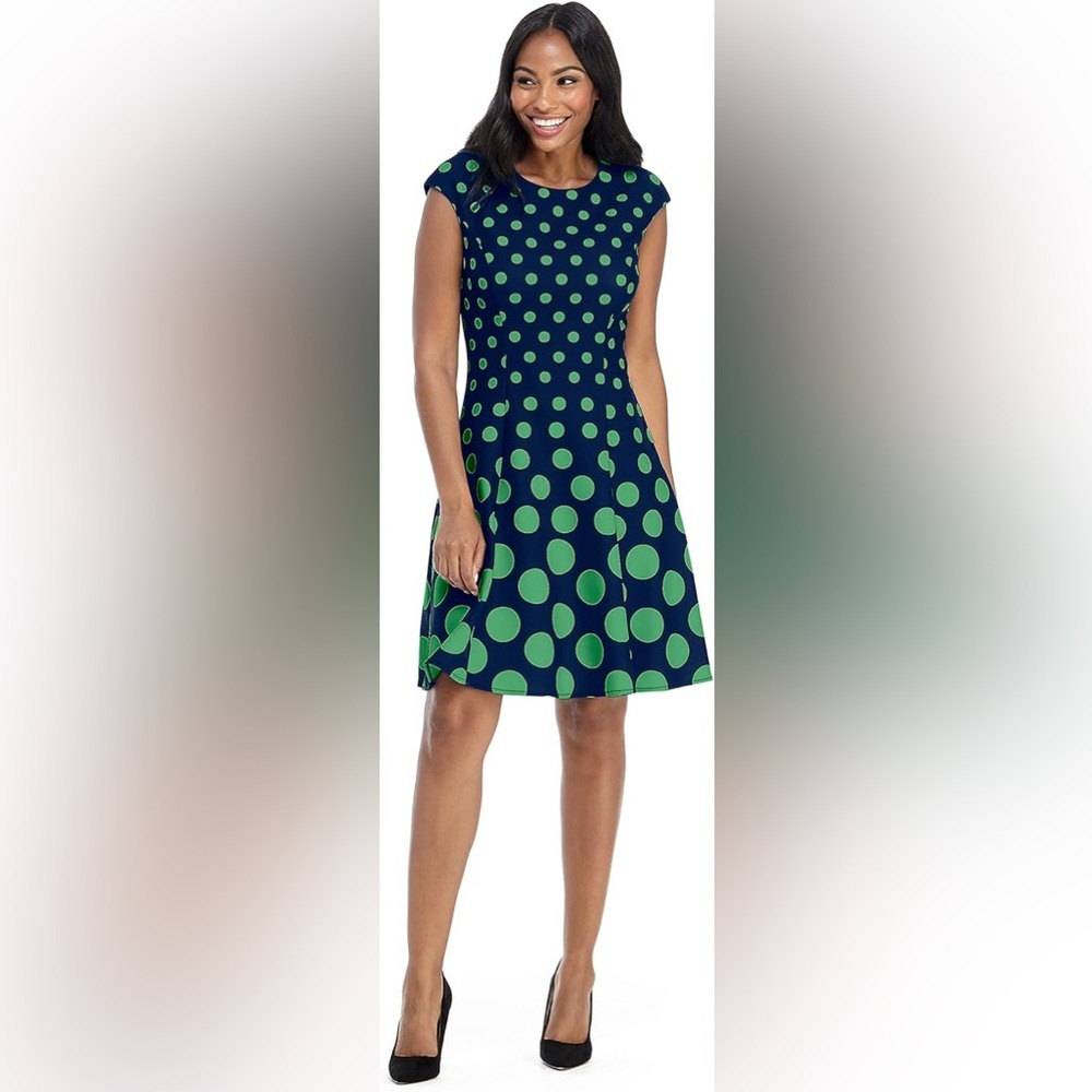 *LONDON TIMES* Blue x Green Polka Dot Sleeveless Dress Size 12